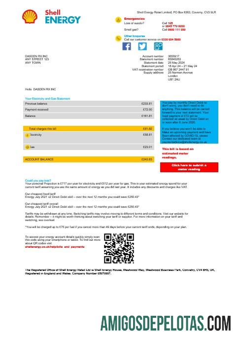 realista Modelo de conta de serviços públicos de negócios de energia da Shell do Reino Unido modelo Word e PDF